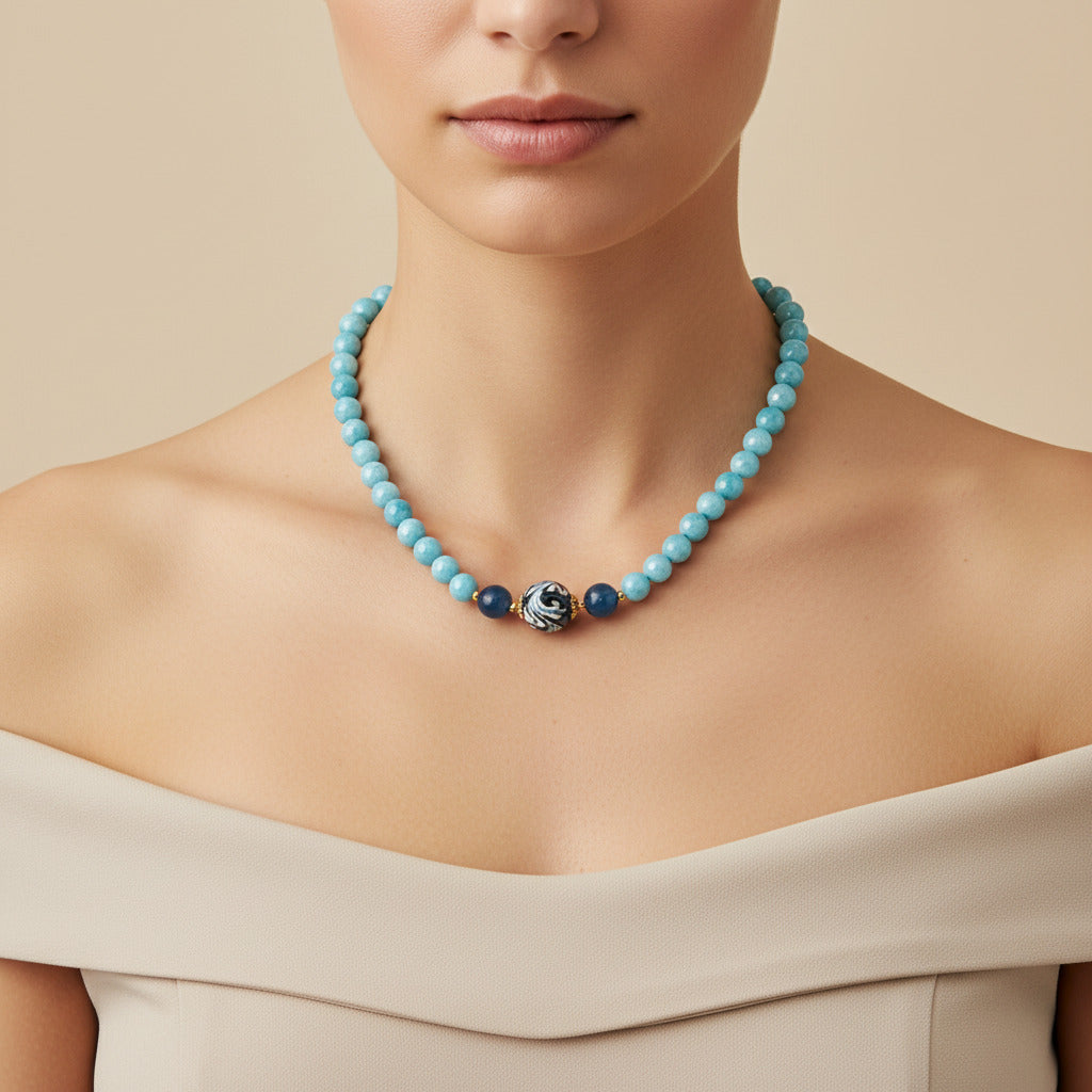 Collana Mazzarò in angelite e perle in ceramica di Caltagirone