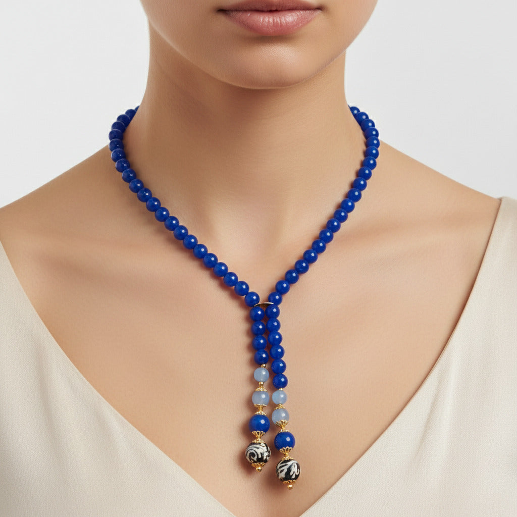 Collana Messina in agata blu e perle in ceramica di Caltagirone