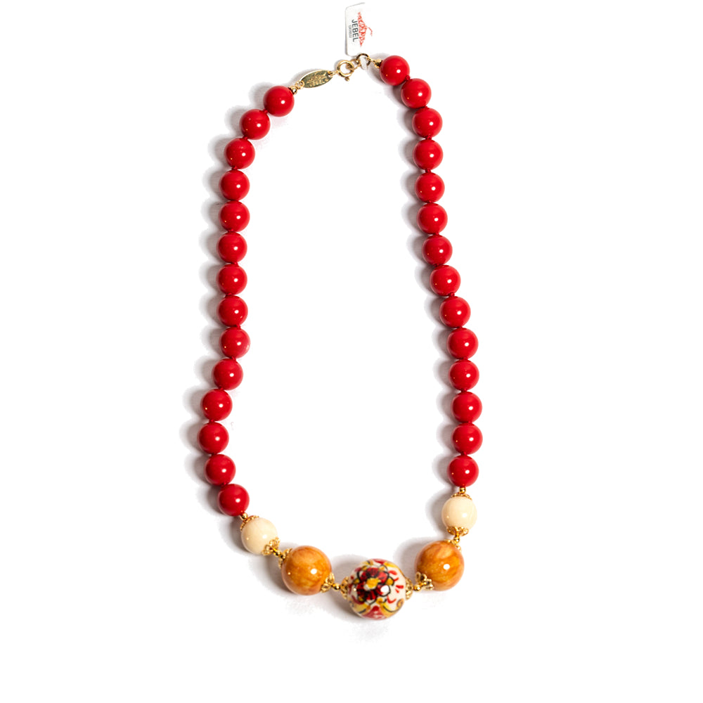 Collana Milazzo in agata rossa e perle in ceramica di Caltagirone