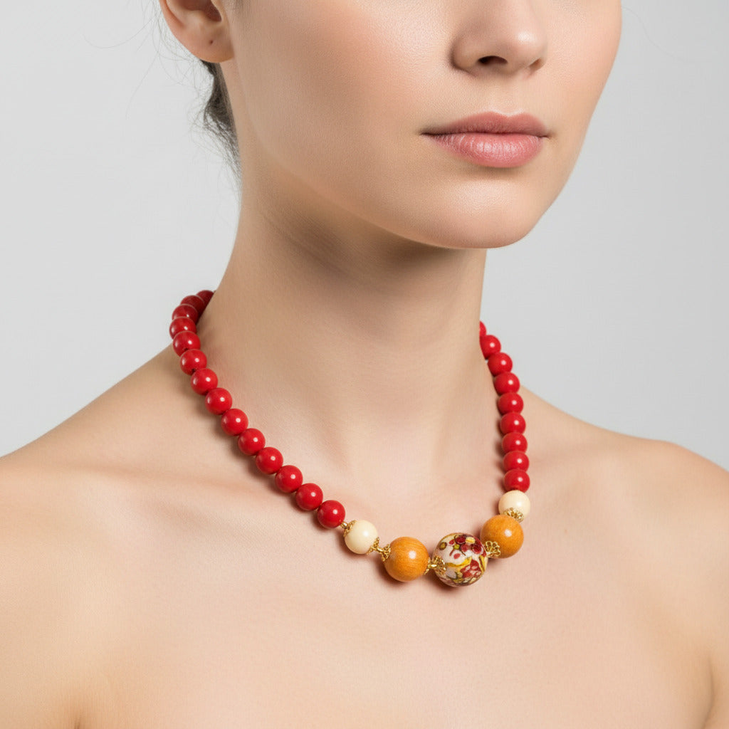 Collana Milazzo in agata rossa e perle in ceramica di Caltagirone