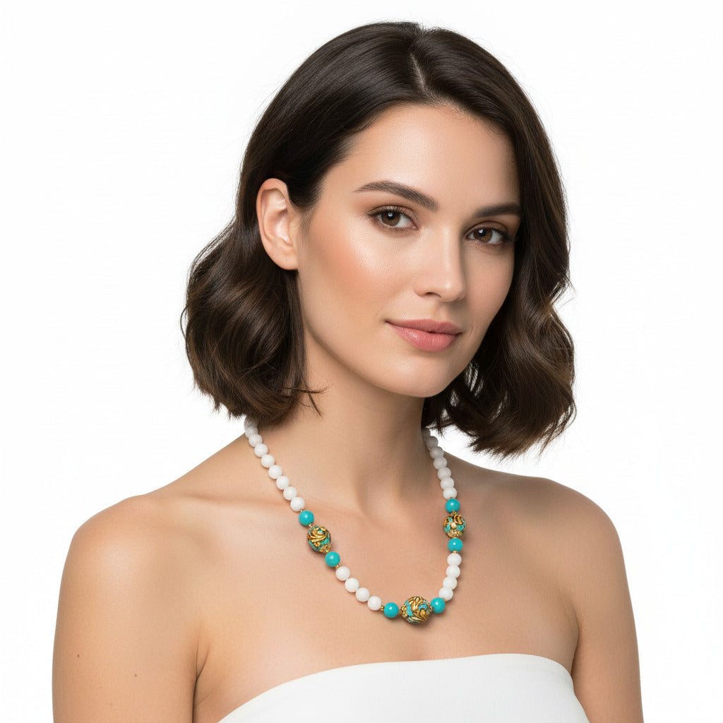 Collana Nicosia in agata bianca e perle in ceramica di Caltagirone