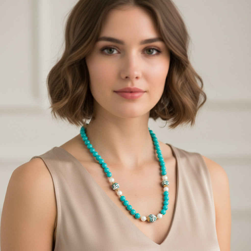 Collana Ortigia in agata verde e perle in ceramica di Caltagirone