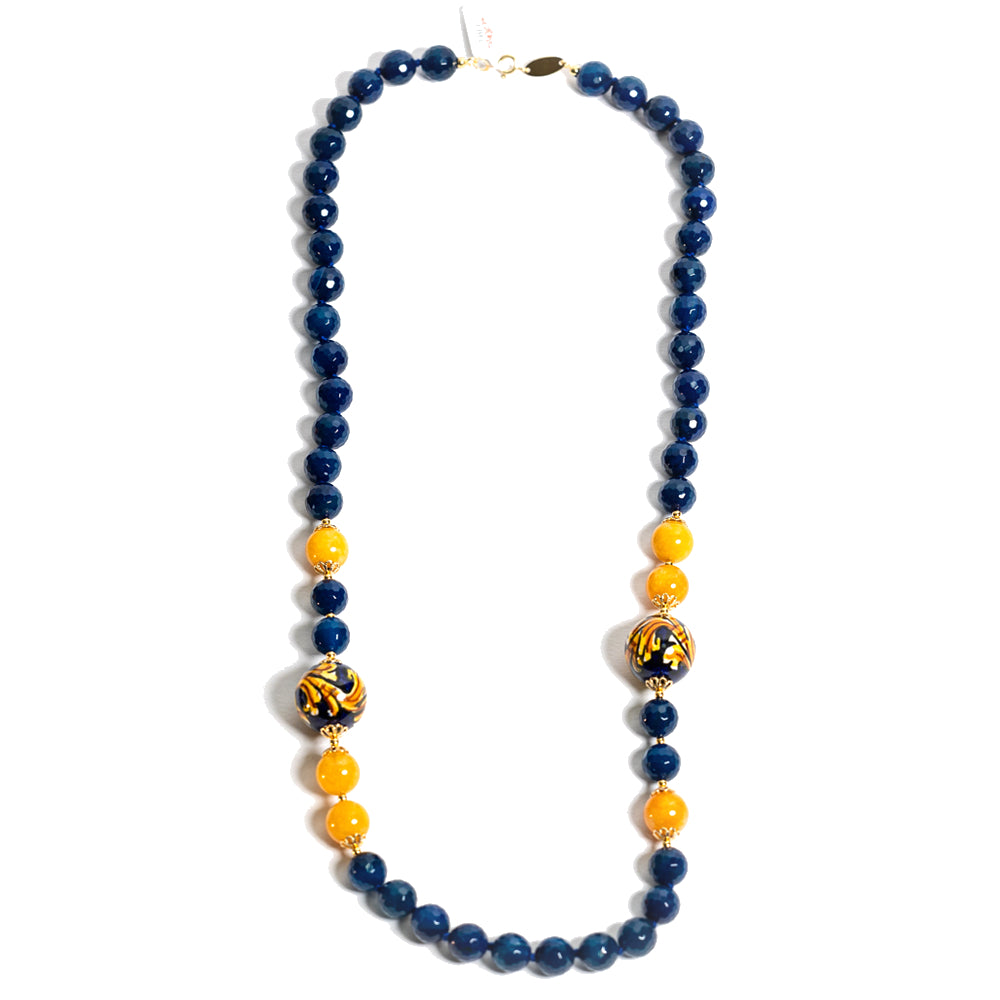 Collana Pantalica in agata blu e perle in ceramica di Caltagirone