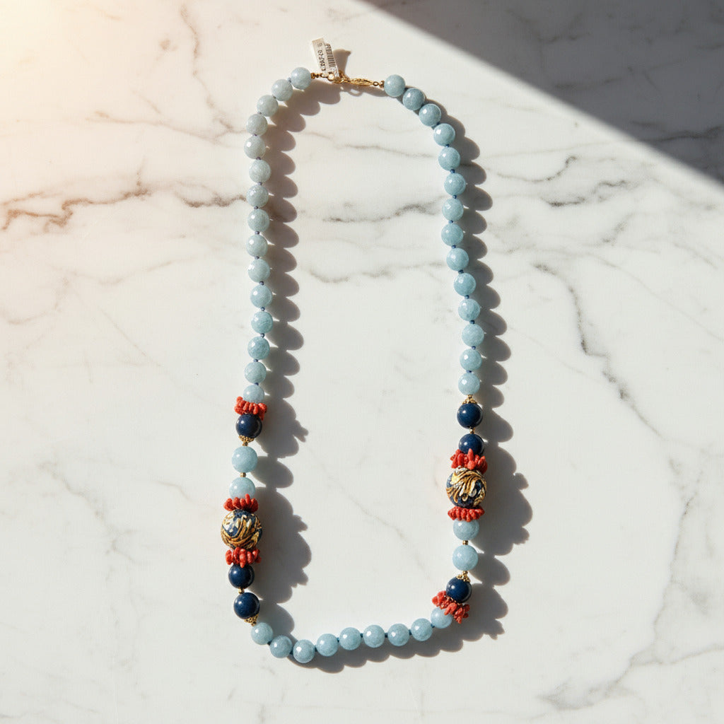 Collana Porticello in angelite e perle in ceramica di Caltagirone