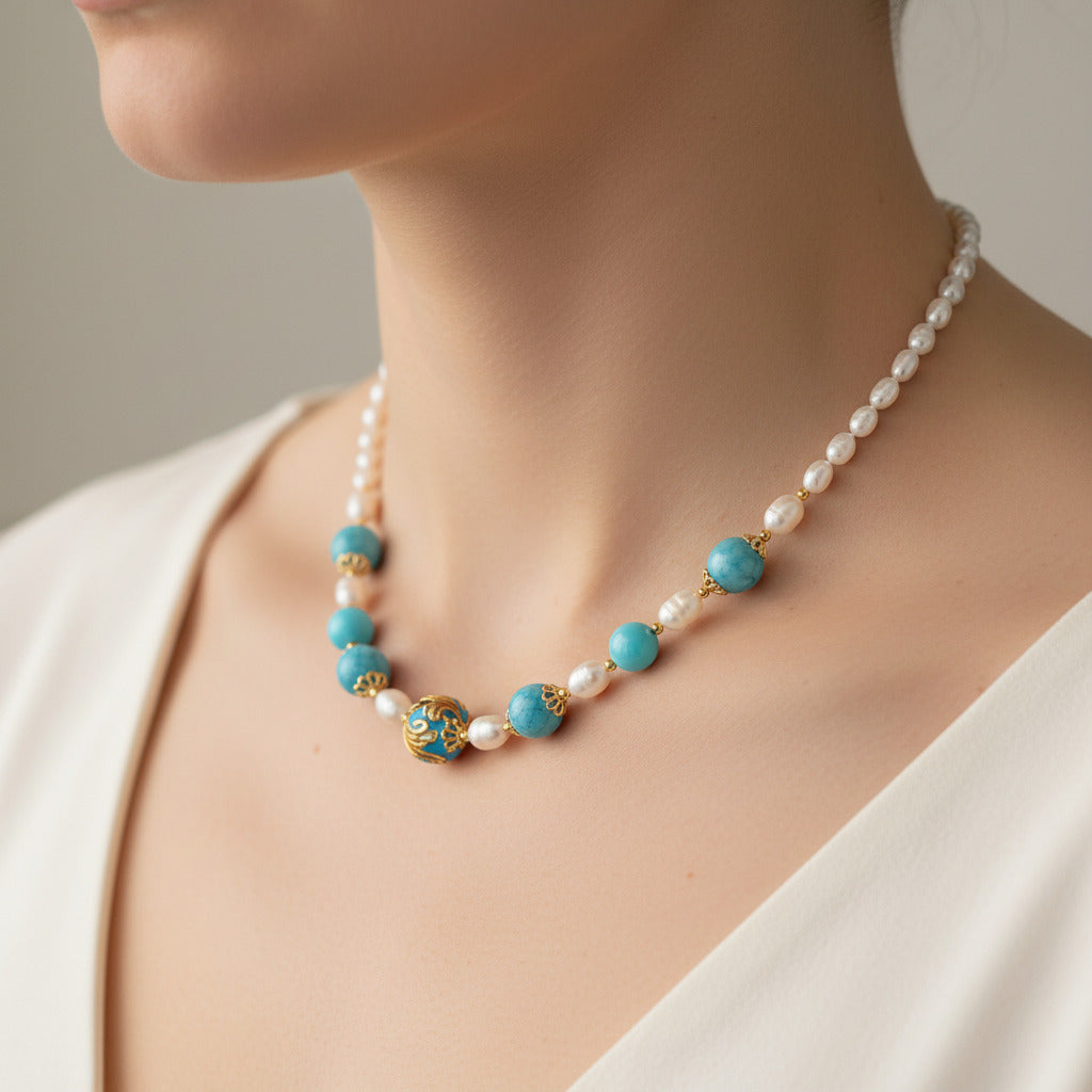 Collana Pozzillo in perle di fiume e perle in ceramica di Caltagirone