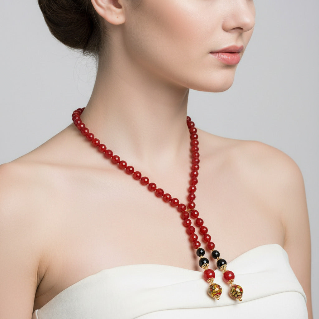 Collana Ragusa in agata rossa e perle in ceramica di Caltagirone