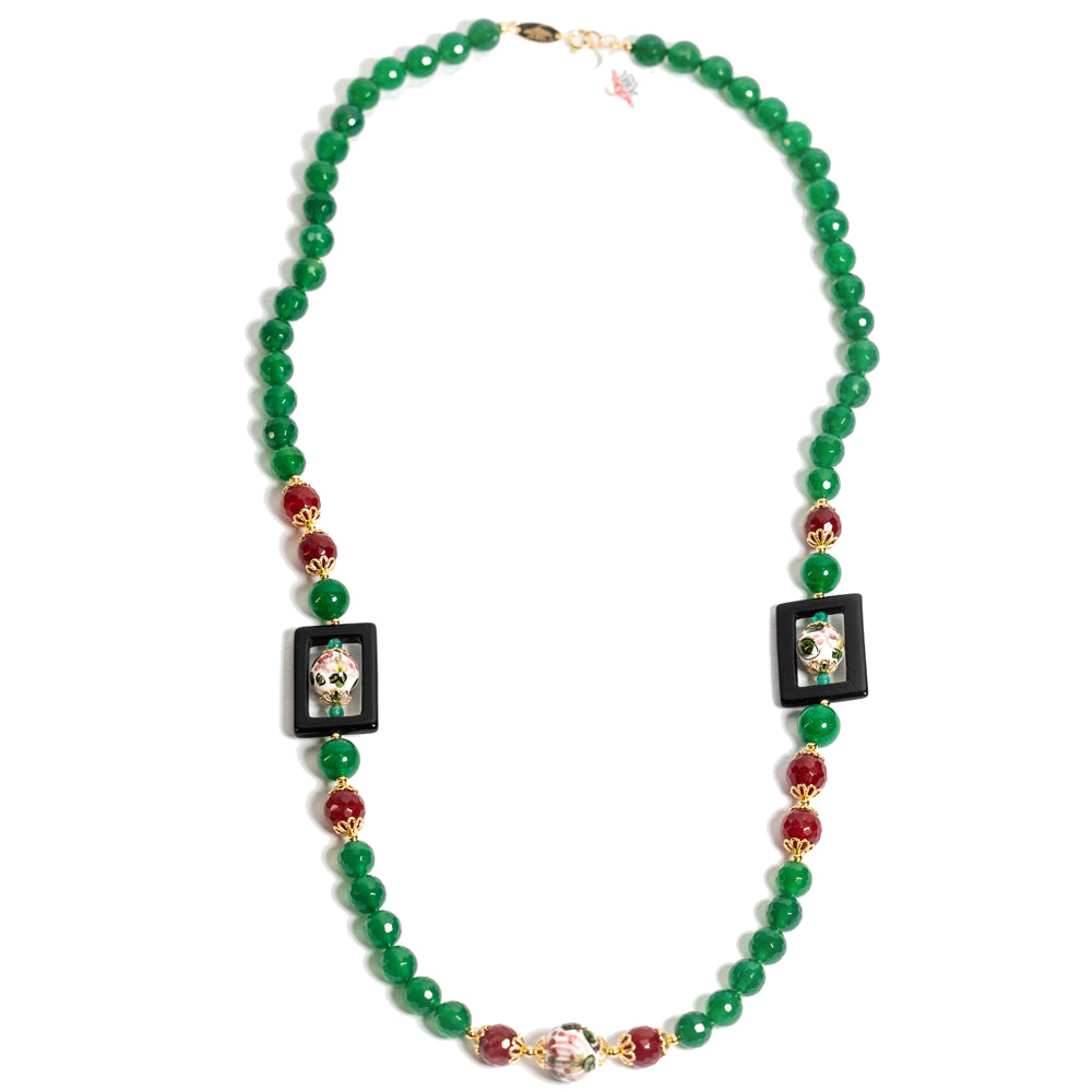 Collana Salina Quadro in agata verde e perle in ceramica di Caltagirone