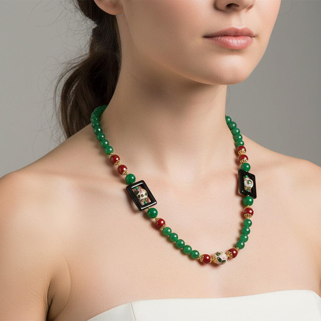 Collana Salina Quadro in agata verde e perle in ceramica di Caltagirone