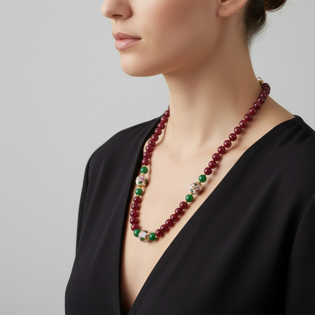 Collana Salina in agata rossa e perle in ceramica di Caltagirone