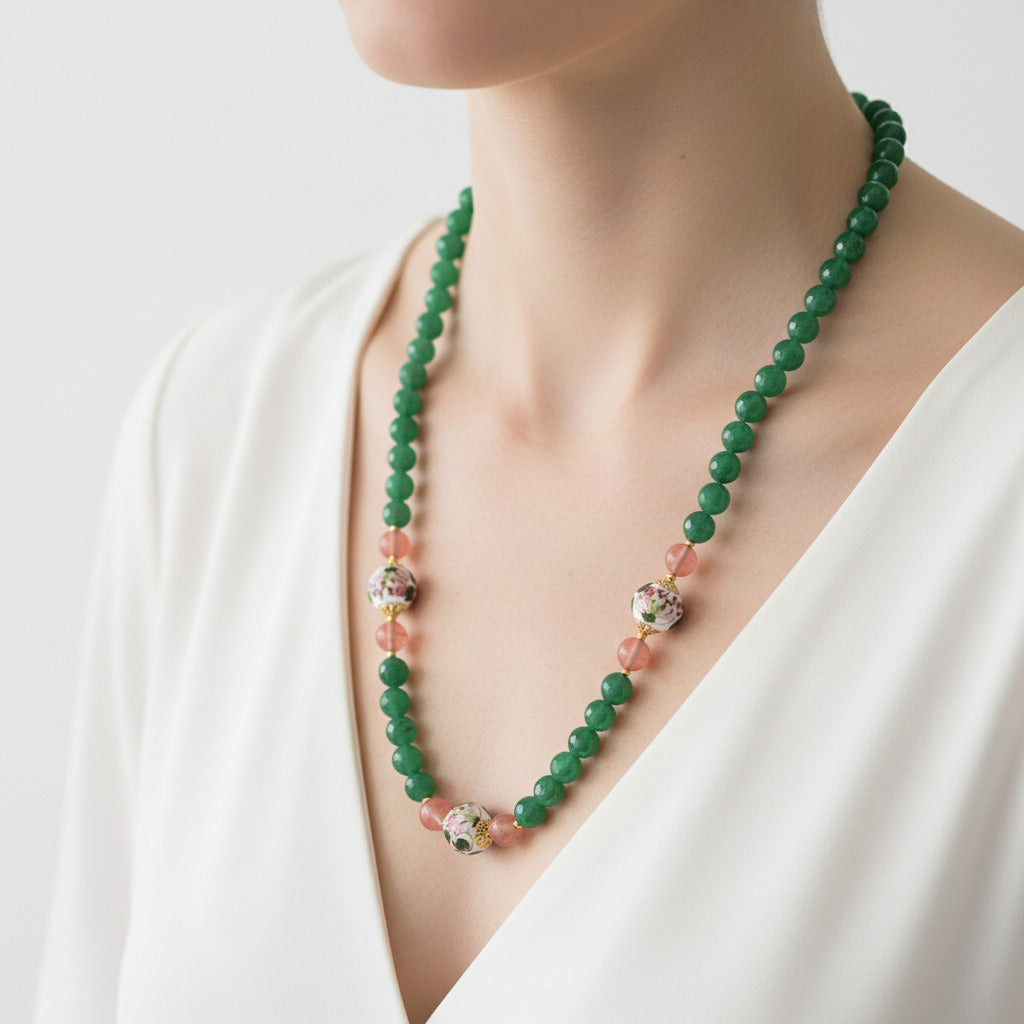 Collana Salina in agata verde e perle in ceramica di Caltagirone
