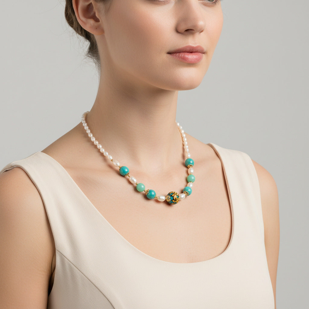 Collana Schisò in perle di fiume e perle in ceramica di Caltagirone