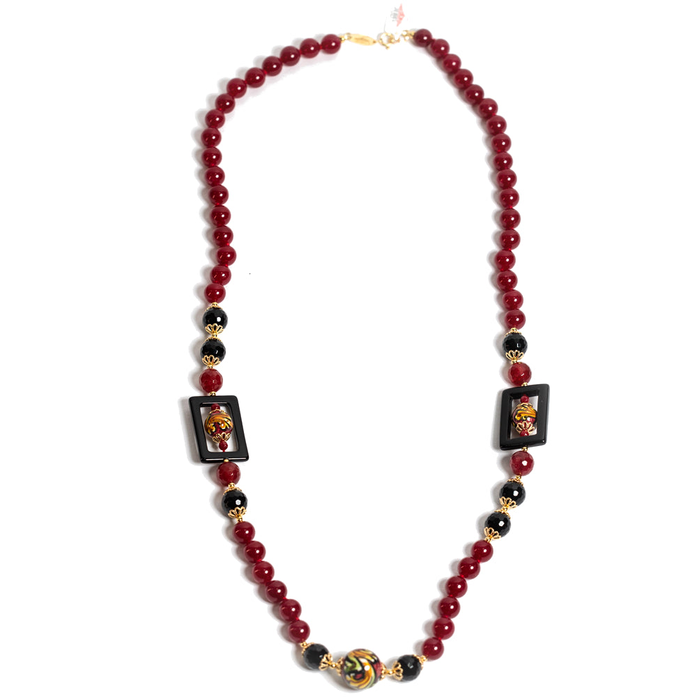 Collana Sciacca Quadro in agata rossa e perle in ceramica di Caltagirone