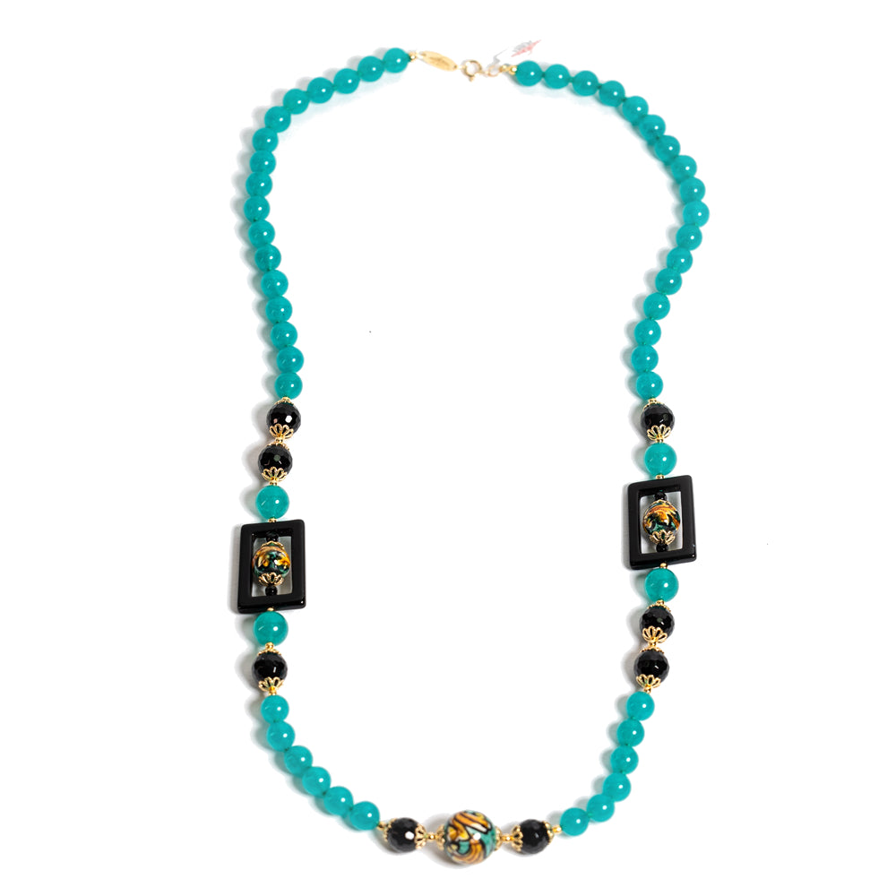 Collana Sciacca Quadro in agata verde e perle in ceramica di Caltagirone