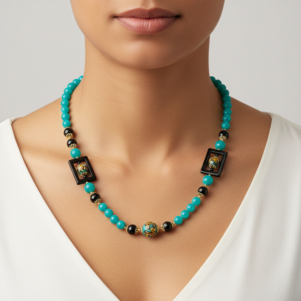 Collana Sciacca Quadro in agata verde e perle in ceramica di Caltagirone