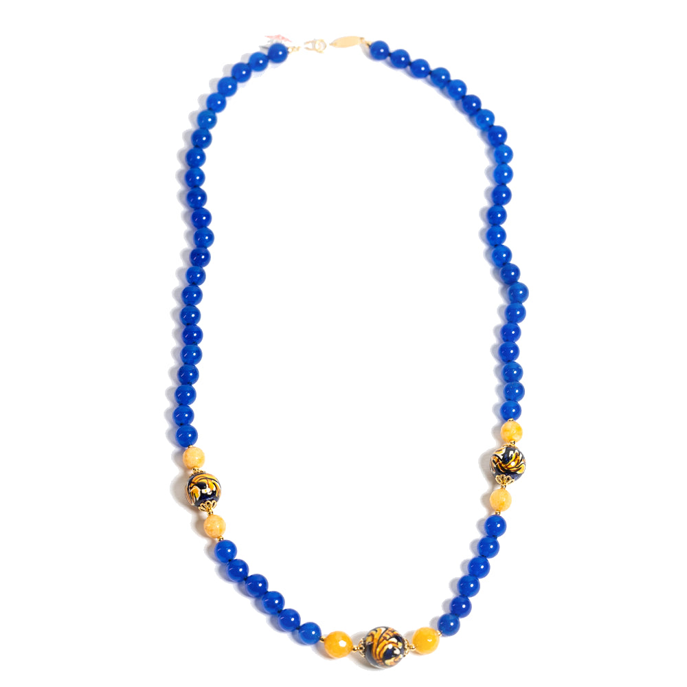 Collana Selinunte in agata blu e perle in ceramica di Caltagirone