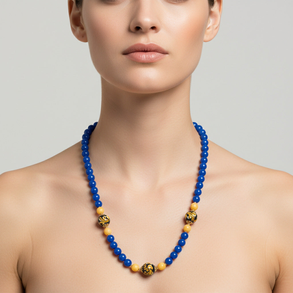Collana Selinunte in agata blu e perle in ceramica di Caltagirone