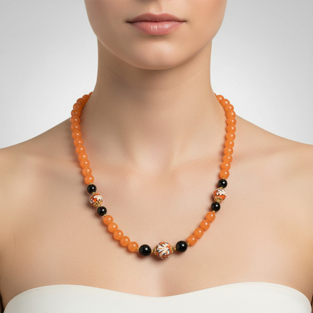 Collana Siracusa in agata salmone e perle in ceramica di Caltagirone