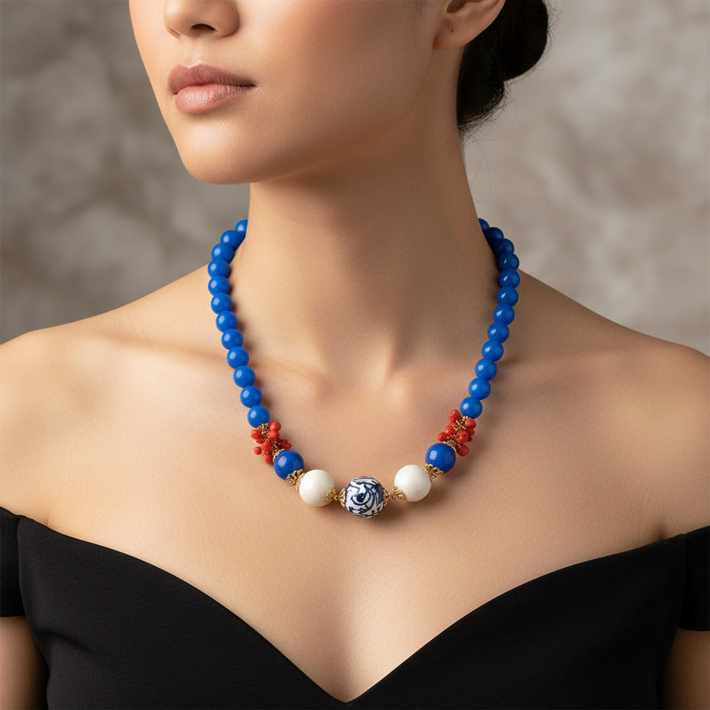 Collana Stazzo in agata blu e perle in ceramica di Caltagirone