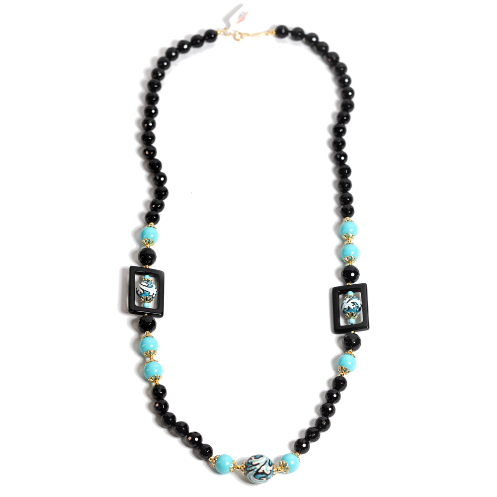 Collana Stromboli Quadro in onice e perle in ceramica di Caltagirone