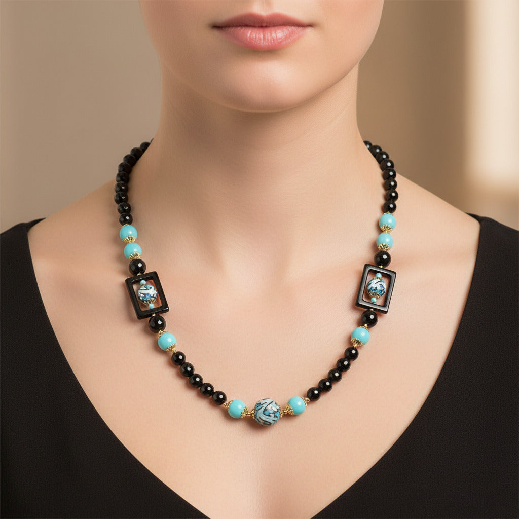 Collana Stromboli Quadro in onice e perle in ceramica di Caltagirone