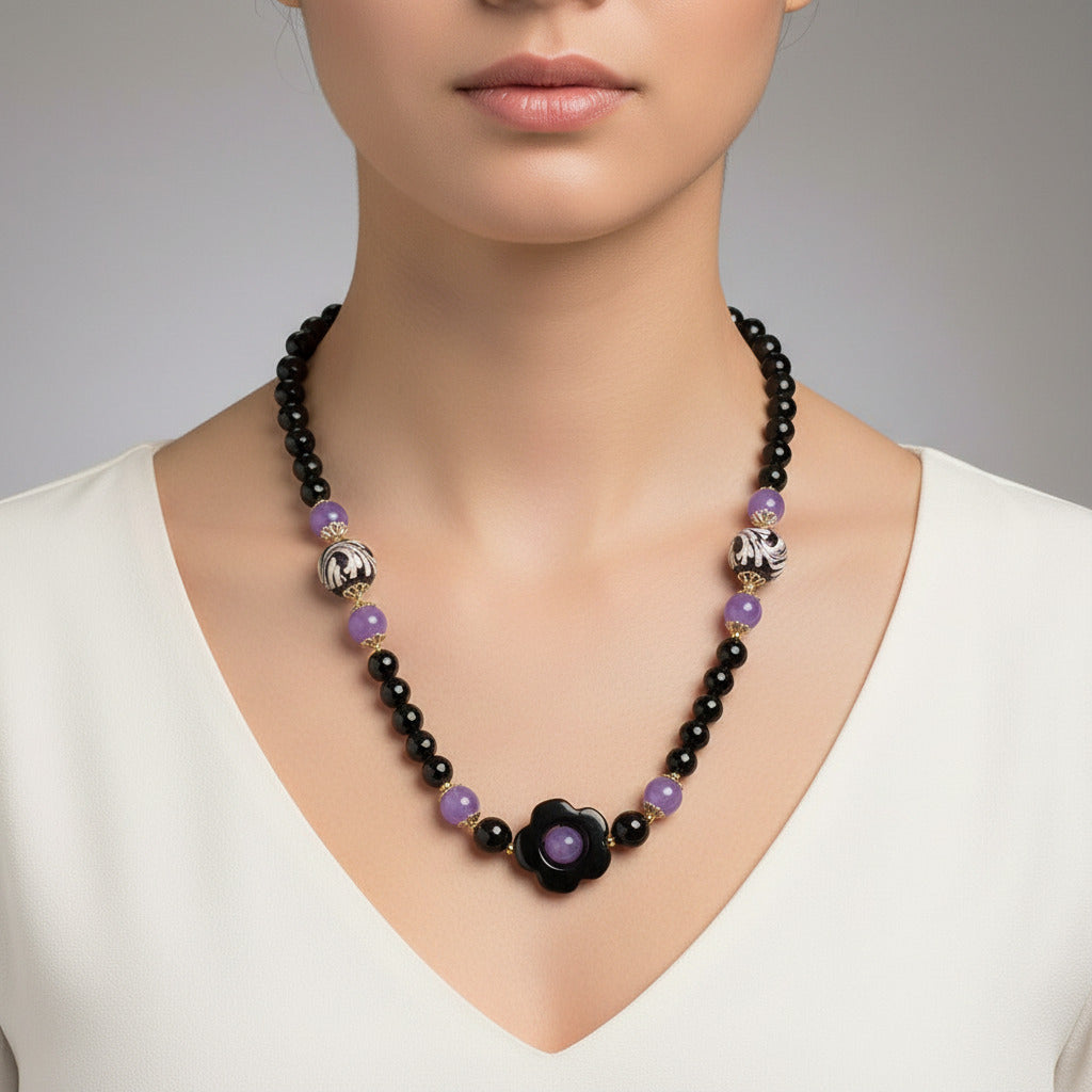 Collana Strombolicchio in onice e perle in ceramica di Caltagirone