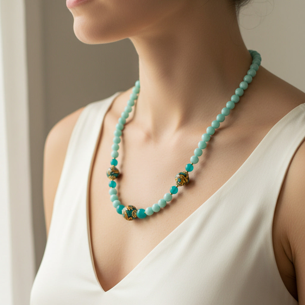 Collana Taormina in agata verde e perle in ceramica di Caltagirone