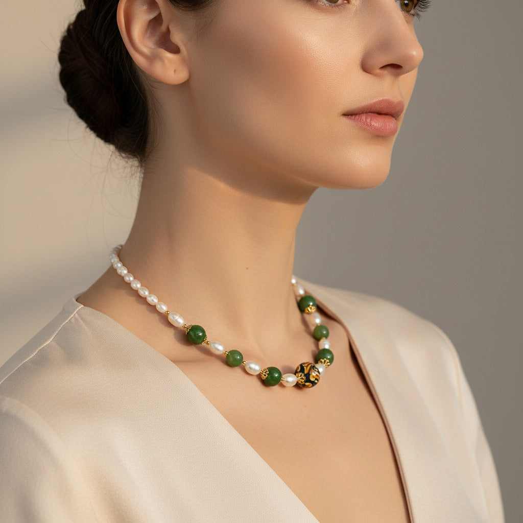 Collana Valverde in perle di fiume e perle in ceramica di Caltagirone