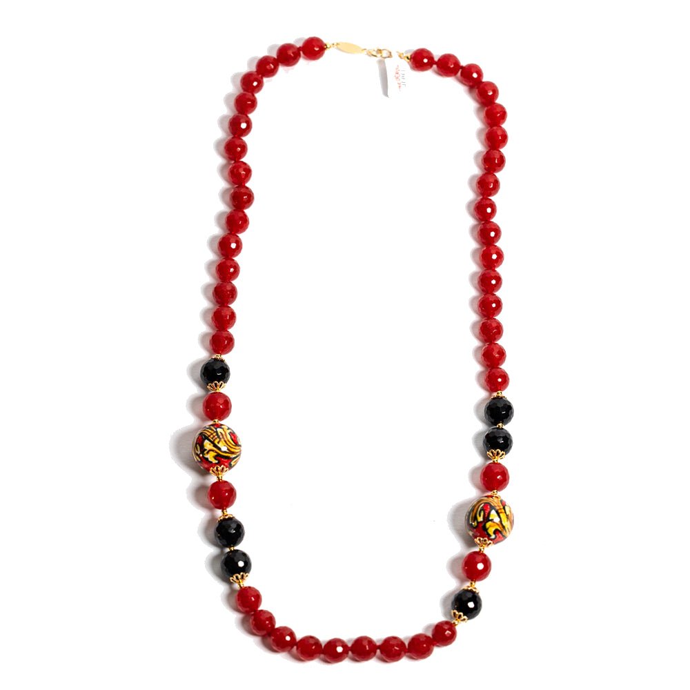 Collana Vulcano in agata rossa e perle in ceramica di Caltagirone