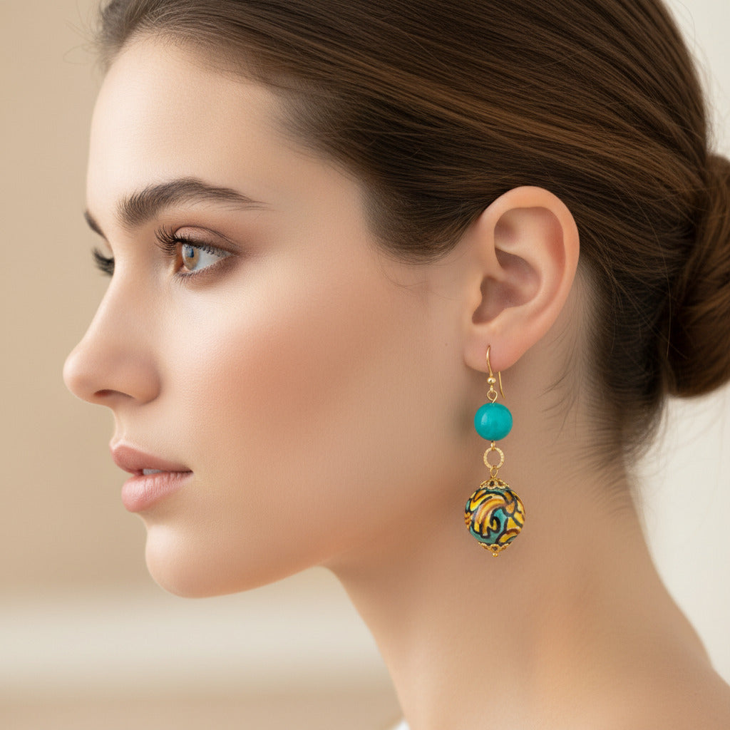 Orecchini Capo D’Orlando con agata ottanio e perle in ceramica di Caltagirone