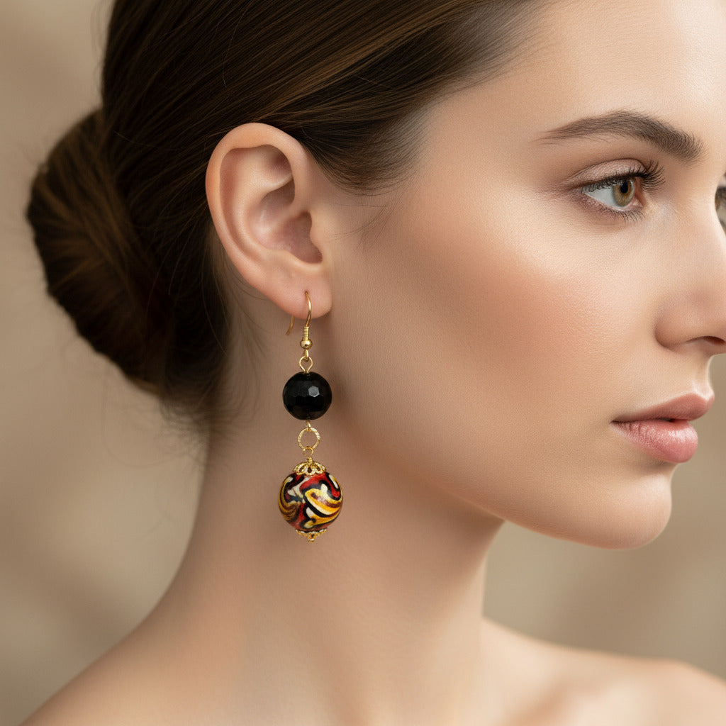 Orecchini Catania con pietre dure onice e perle in ceramica di Caltagirone