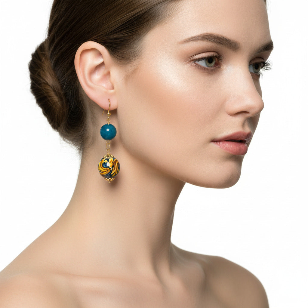 Orecchini Giarre con agata blu e perle in ceramica di Caltagirone