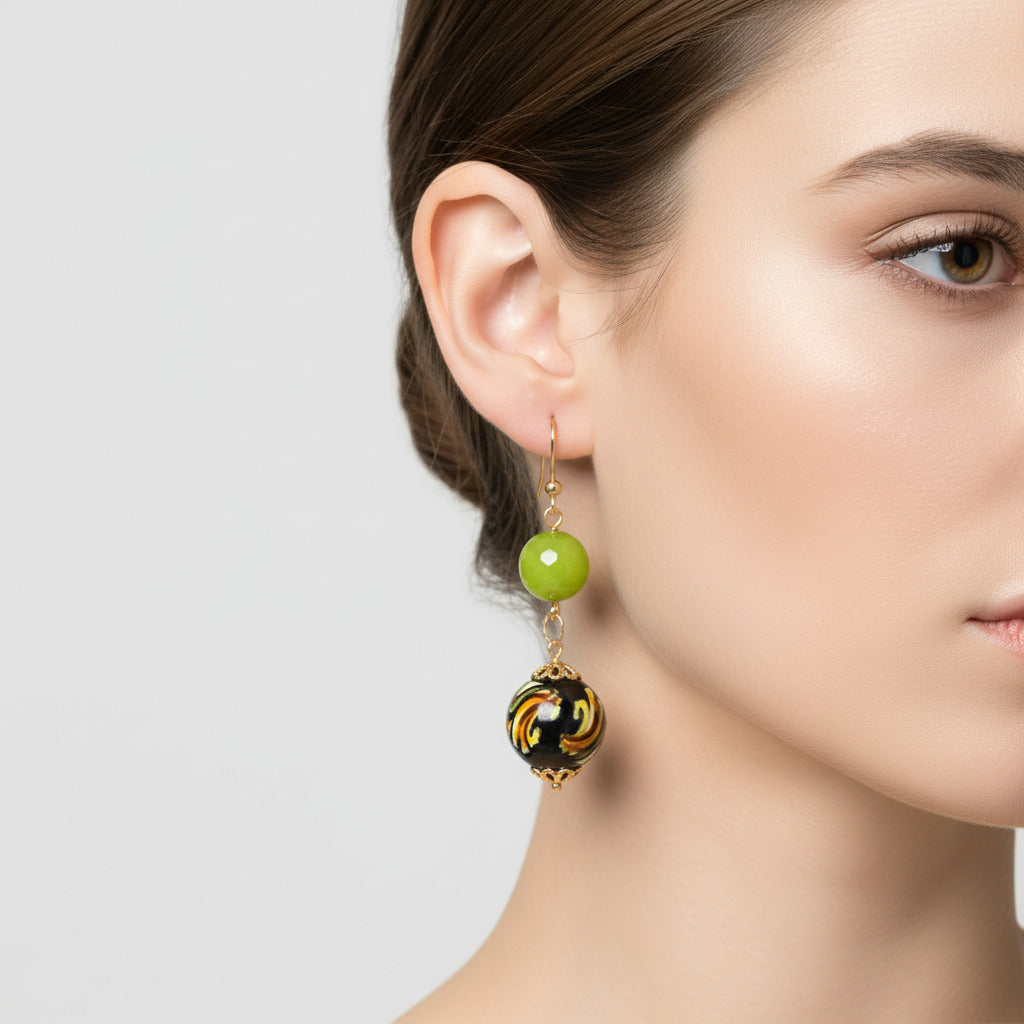 Orecchini Ibla con agata verde e perle in ceramica di Caltagirone