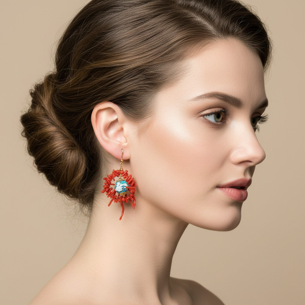 Orecchini Isolabella rametti di corallo con perle in ceramica di Caltagirone