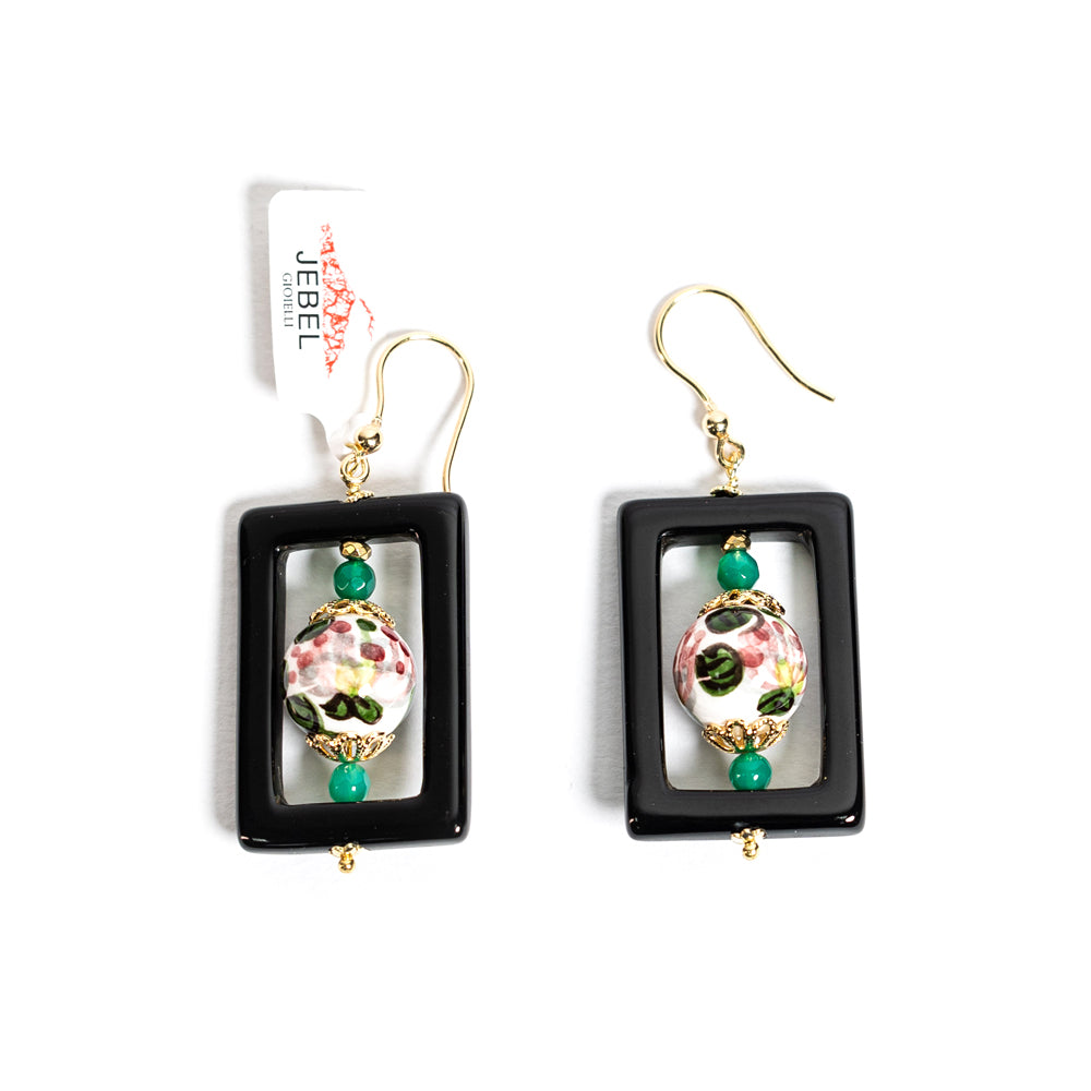 Orecchini Salina Quadro in agata verdino e perle in ceramica di Caltagirone