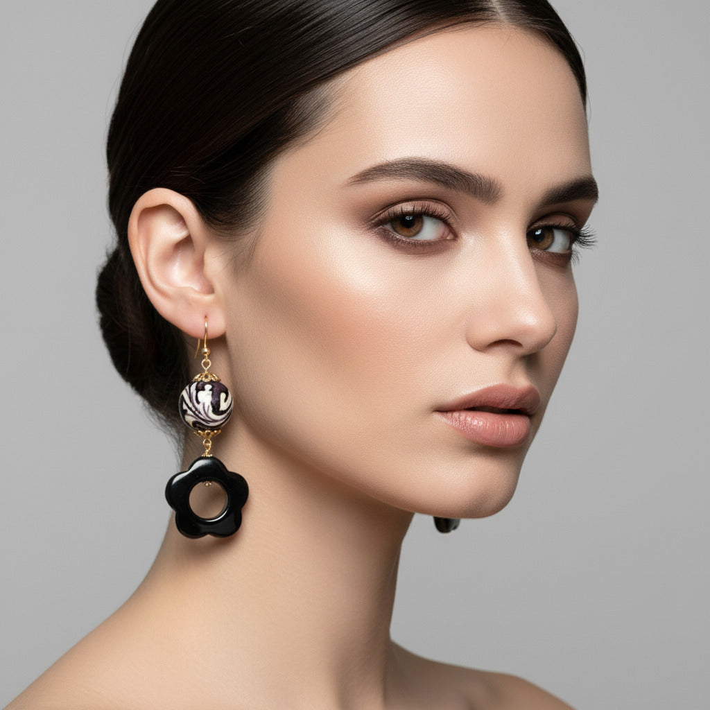 Orecchini Strombolicchio con onice e perle in ceramica di Caltagirone