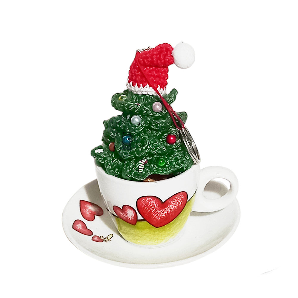 Portachiavi Albero di Natale con cappello ad uncinetto 9 cm