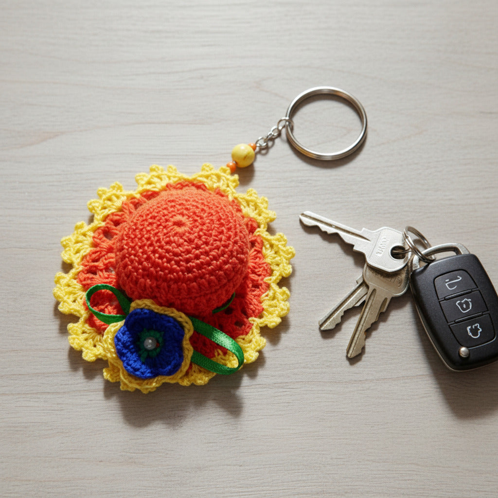 Portachiavi cappellino arancione e giallo ad uncinetto 9 cm