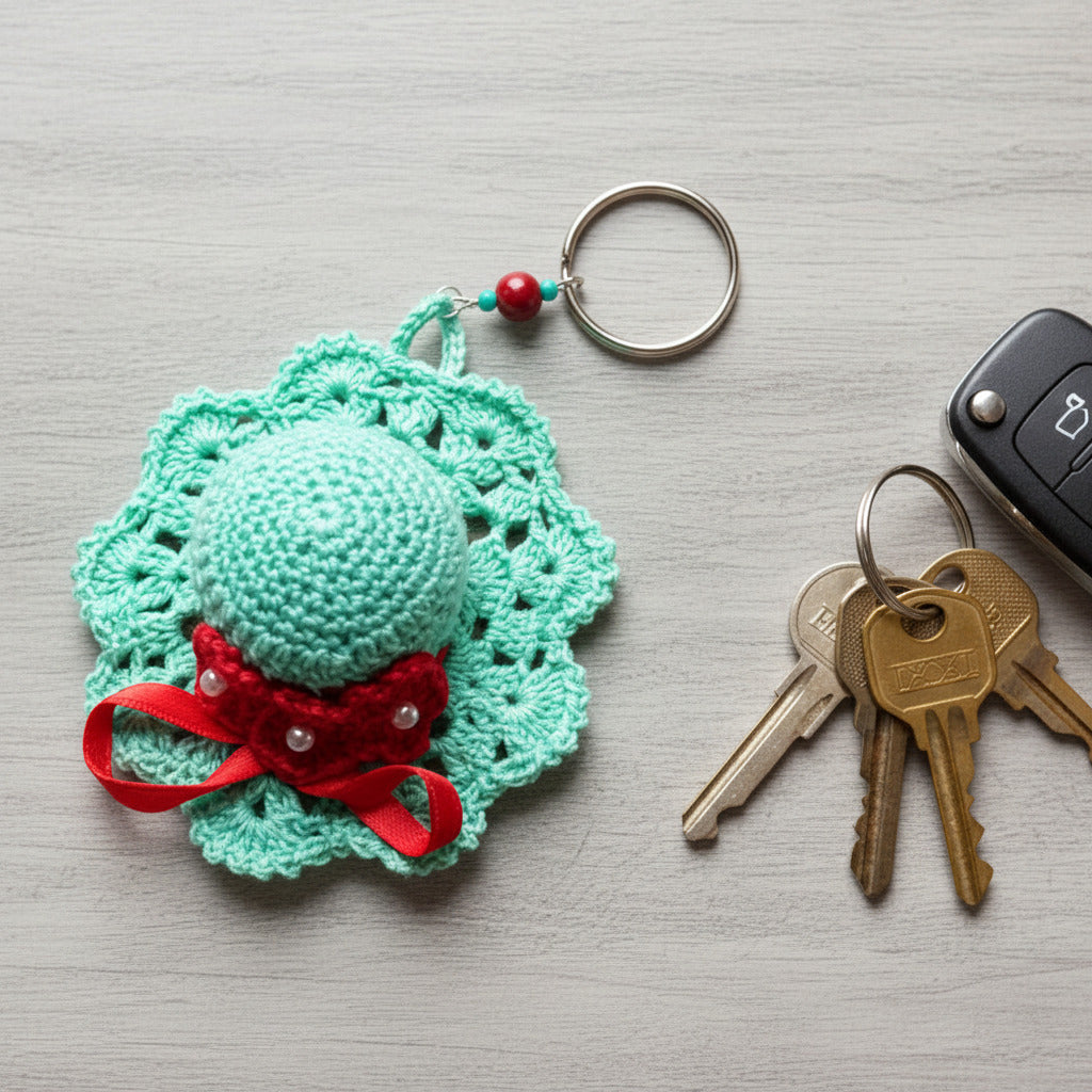 Portachiavi cappellino verde con fiori rossi ad uncinetto 8.5 cm