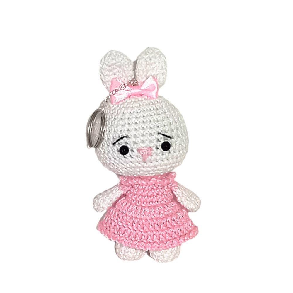 Portachiavi coniglietta bianca con vestito rosa ad uncinetto 13.5 cm