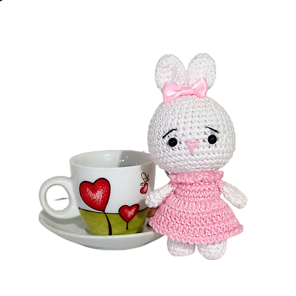 Portachiavi coniglietta bianca con vestito rosa ad uncinetto 13.5 cm
