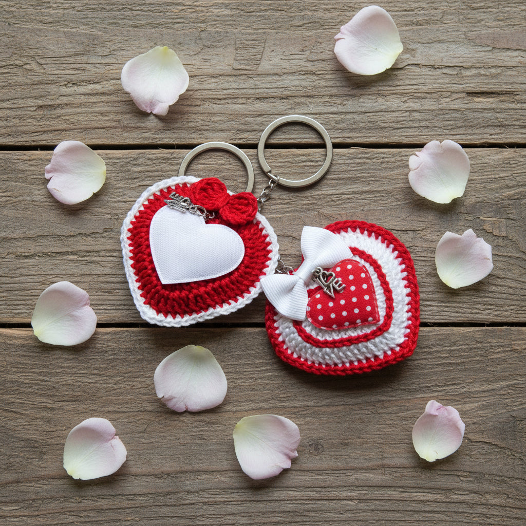 Portachiavi cuore bianco e rosso con fiocco ad uncinetto 7x6 cm