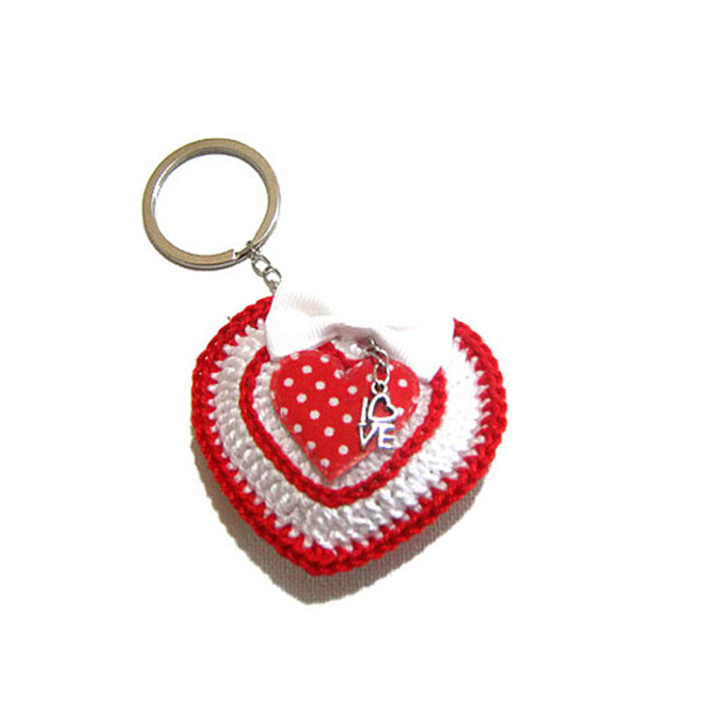 Portachiavi cuore bianco e rosso con fiocco ad uncinetto 7x6 cm