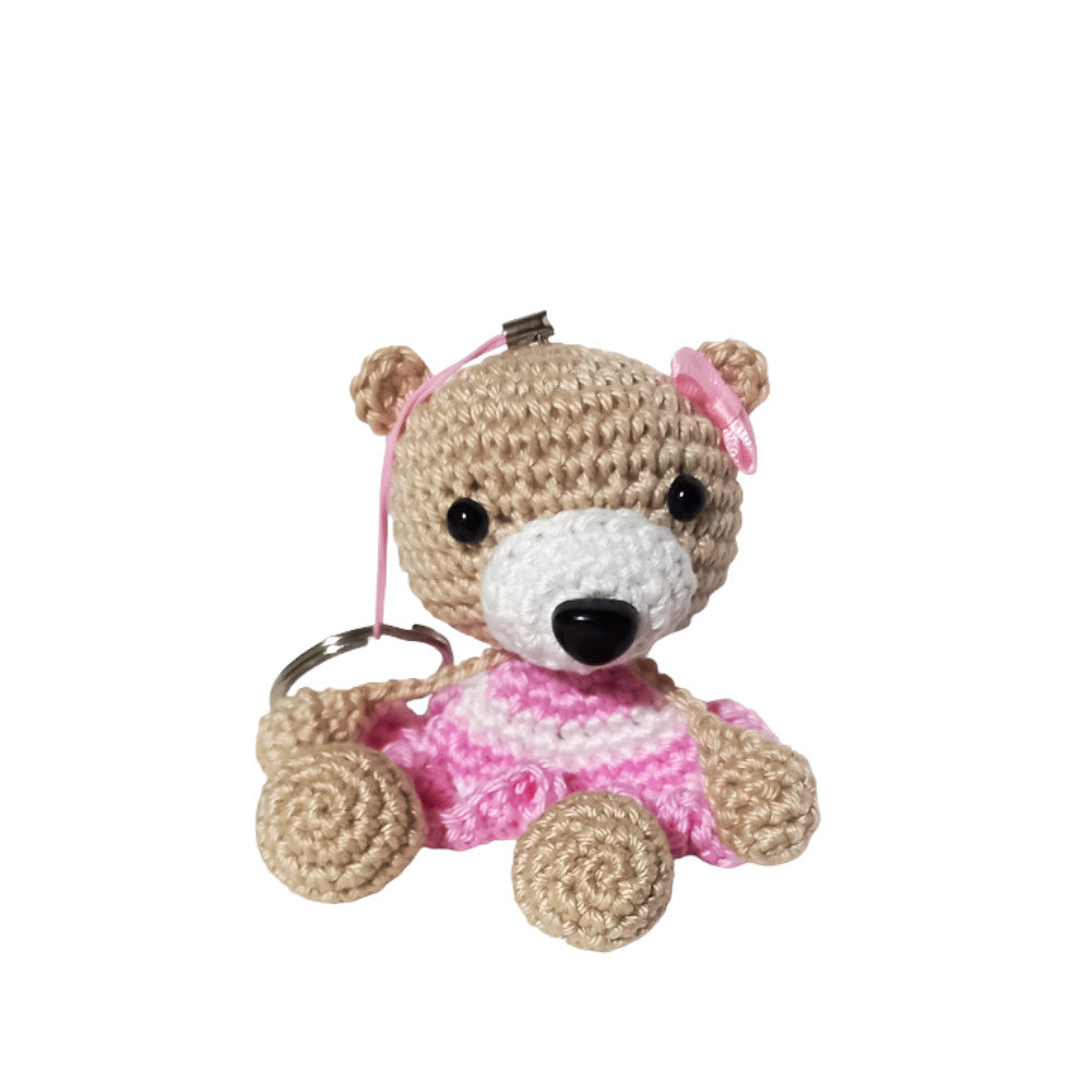 Portachiavi orsetta beige con vestito rosa ad uncinetto 10 cm
