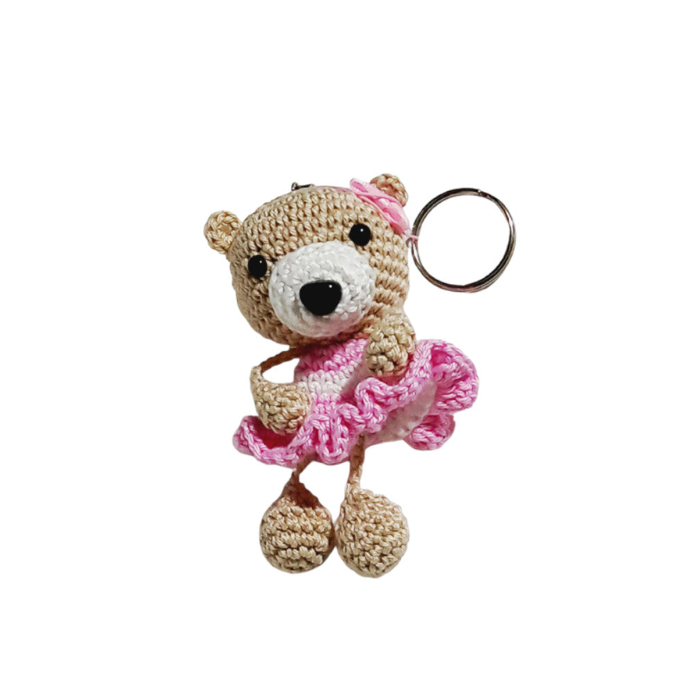 Portachiavi orsetta beige con vestito rosa ad uncinetto 10 cm