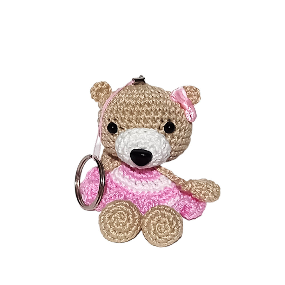 Portachiavi orsetta beige con vestito rosa ad uncinetto 10 cm