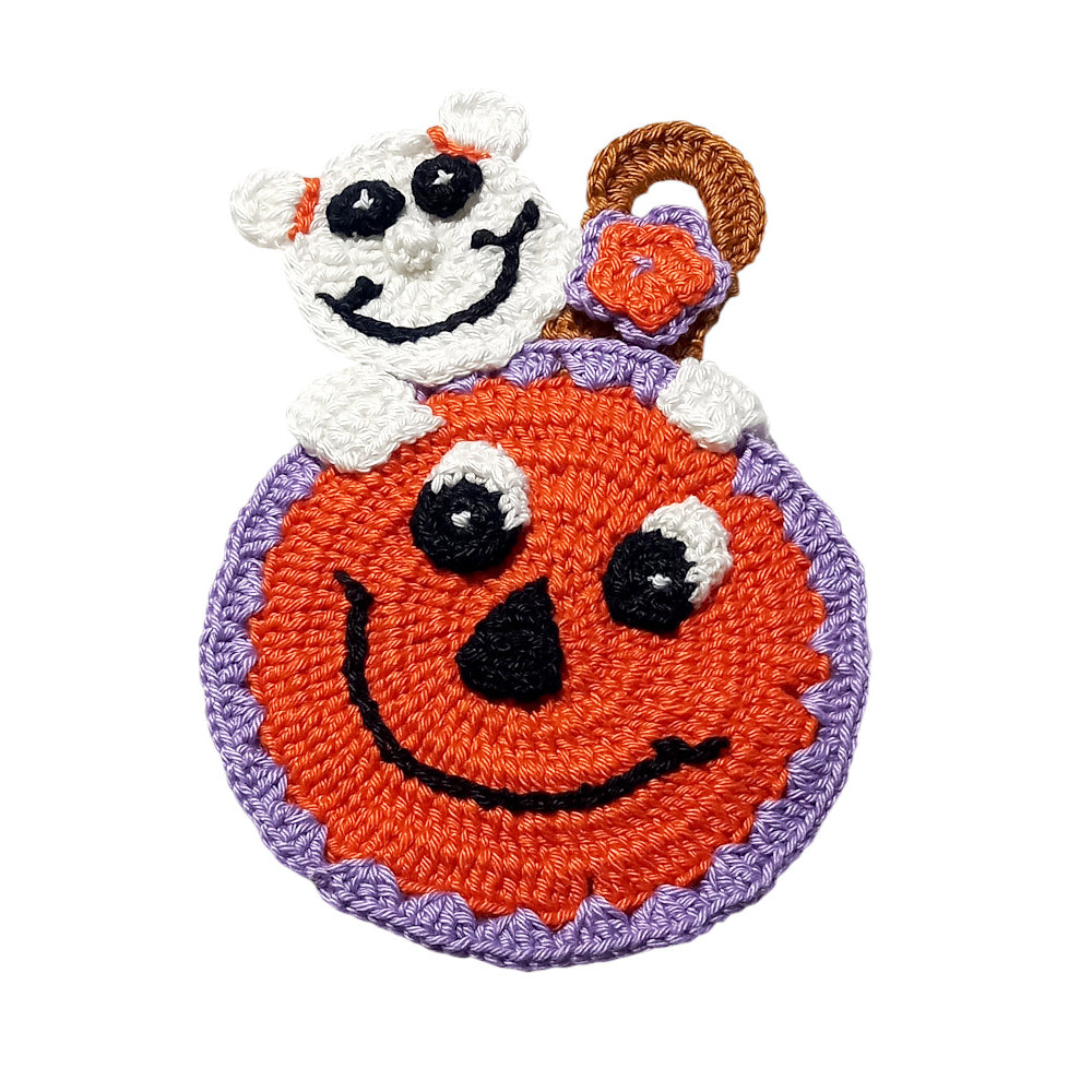 Presina Halloween zucca con fantasma ad uncinetto 11.5x17 cm
