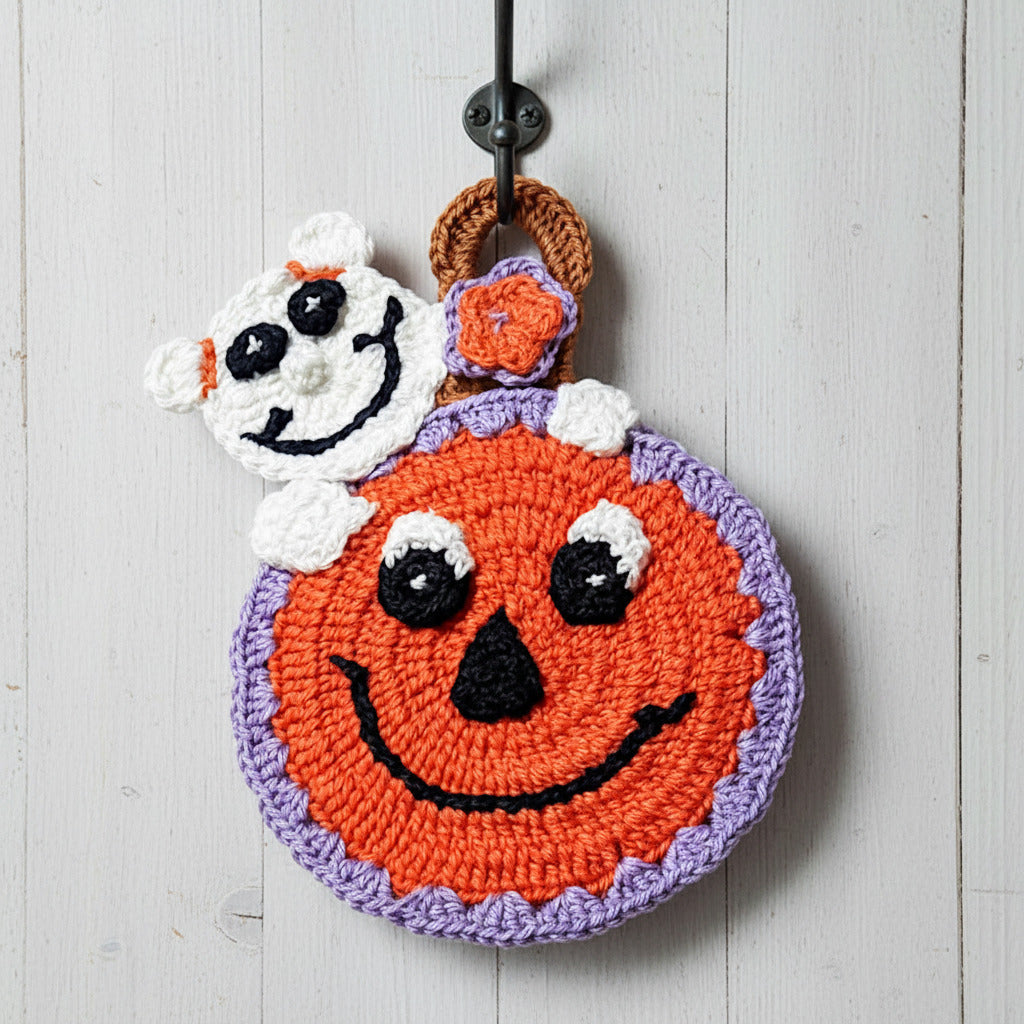 Presina Halloween zucca con fantasma ad uncinetto 11.5x17 cm