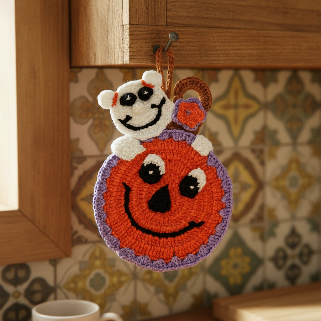 Presina Halloween zucca con fantasma ad uncinetto 11.5x17 cm