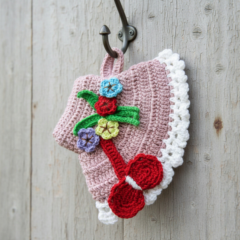 Presina cappello rosa con fiocco rosso ad uncinetto 12.5x18 cm