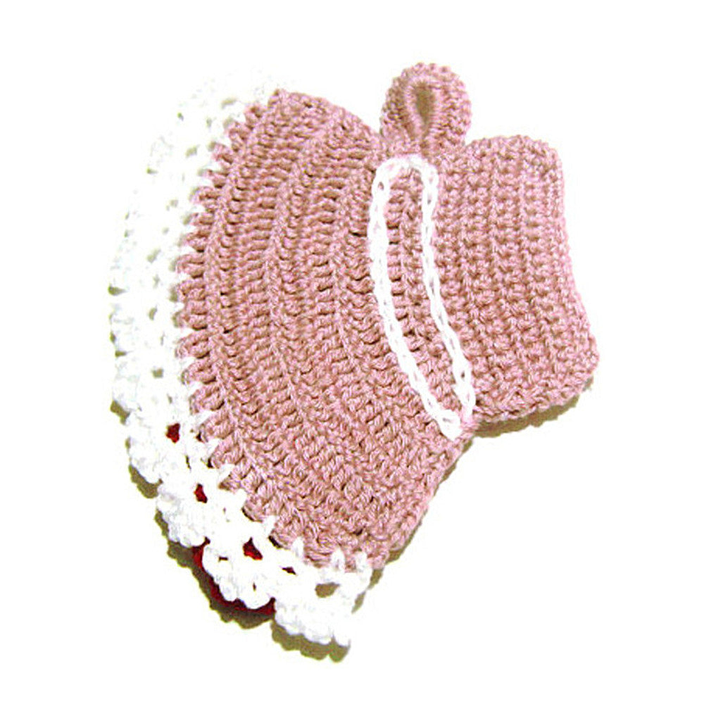 Presina cappello rosa con fiocco rosso ad uncinetto 12.5x18 cm